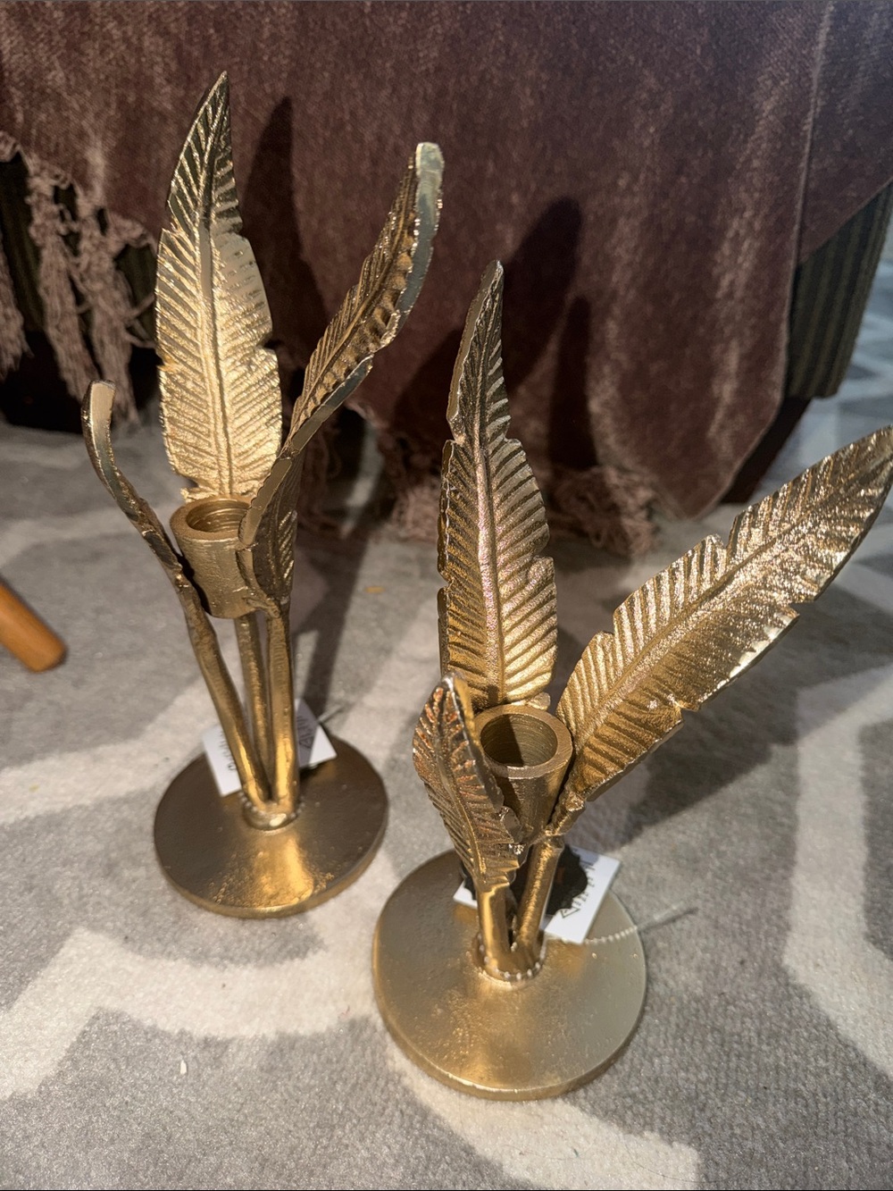 Pair of metal leaf taper candle holders 9”&10.5” high